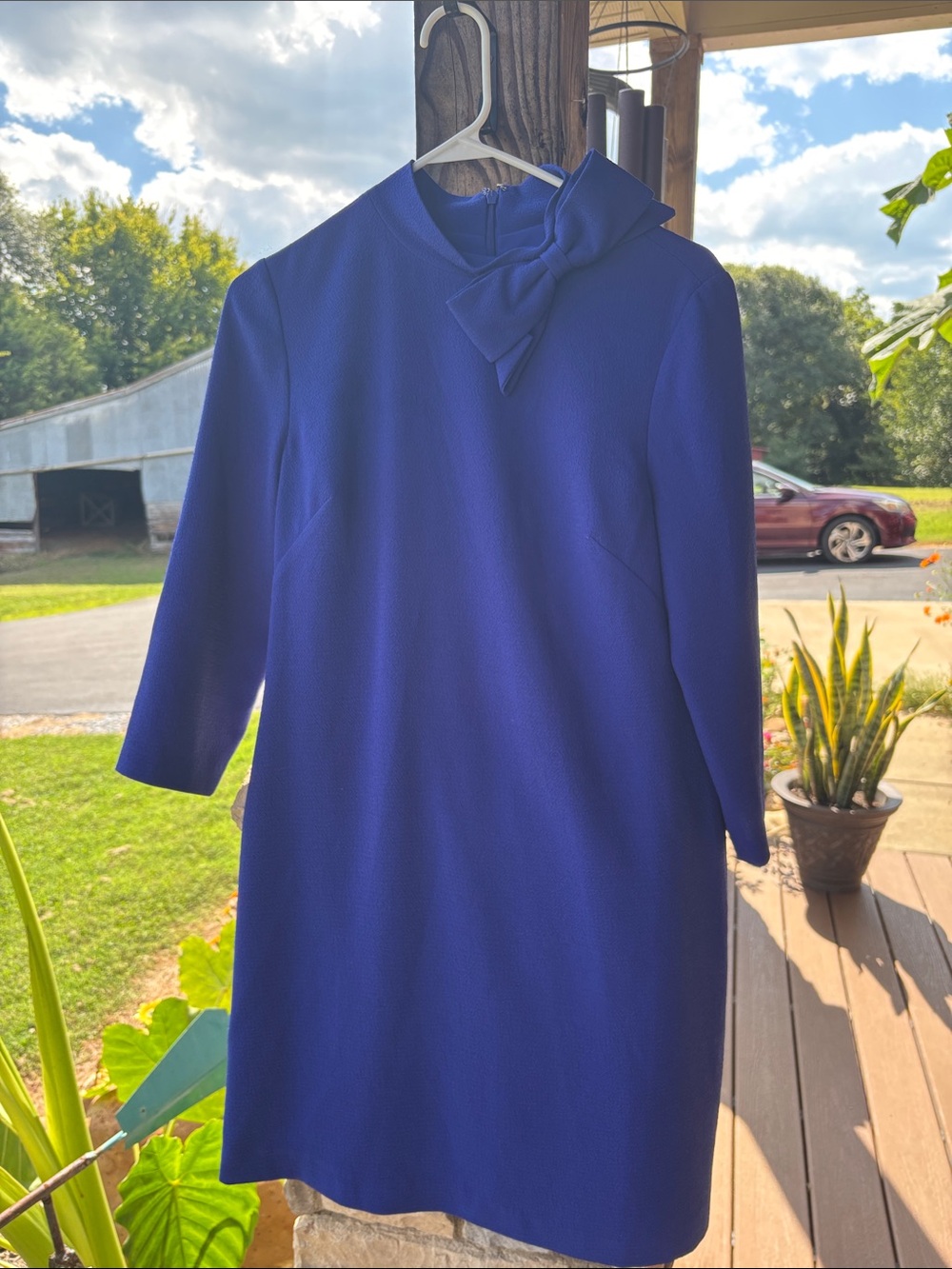 Eliza J Royal Blue Long-Sleeve Shift Dress with Neck Bow